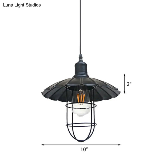 Nautical Style Metal Hanging Lamp With Scalloped Shade - 1 Head Restaurant Pendant Light In Black