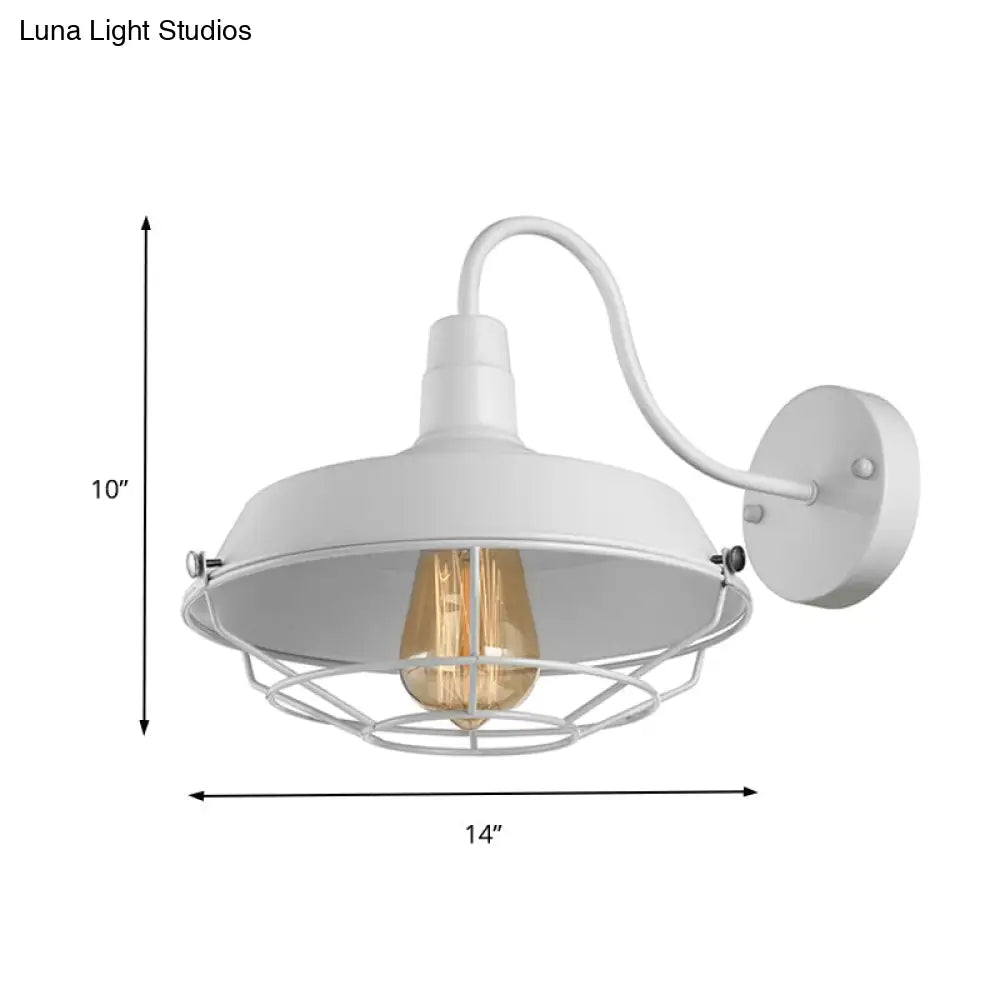 1-Head Caged Wall Sconce With Barn Shade And Gooseneck Arm - 10/14 Size In Black/White For