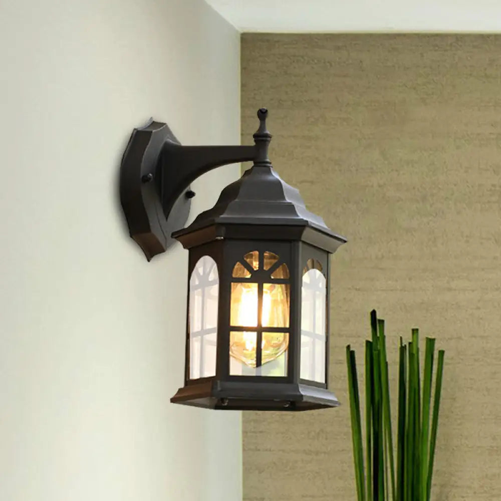 1-Head Castle Sconce Lighting In Country White/Black/Brass Aluminum With Clear Glass Shade - Wall