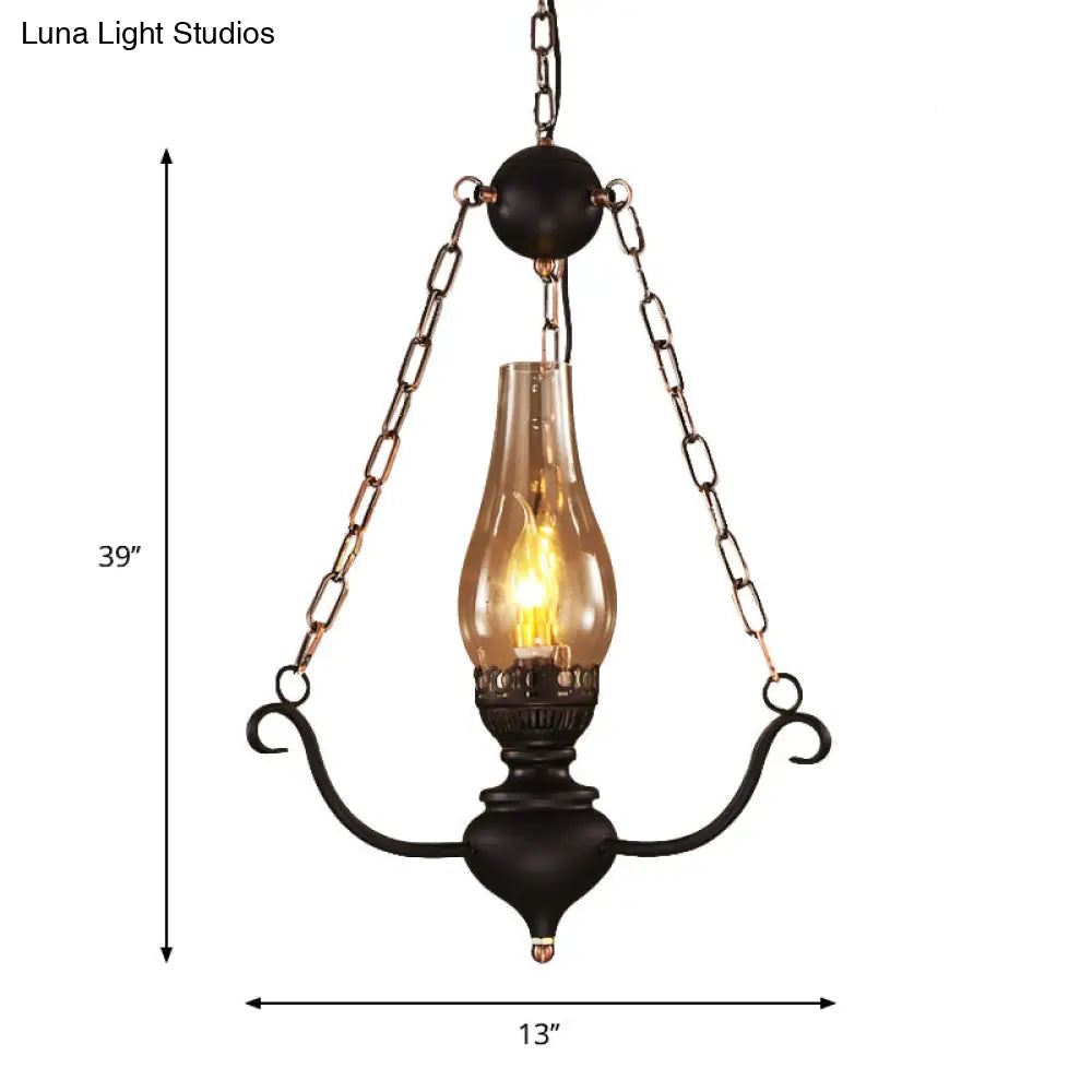 1-Head Farmhouse Pendant Lamp Kit With Chain Decor – Clear Glass Elongated Design Black Finish