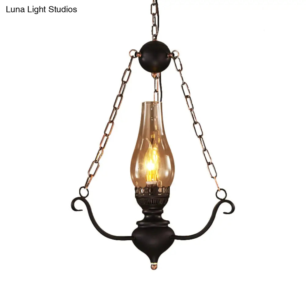 1-Head Farmhouse Pendant Lamp Kit With Chain Decor – Clear Glass Elongated Design Black Finish