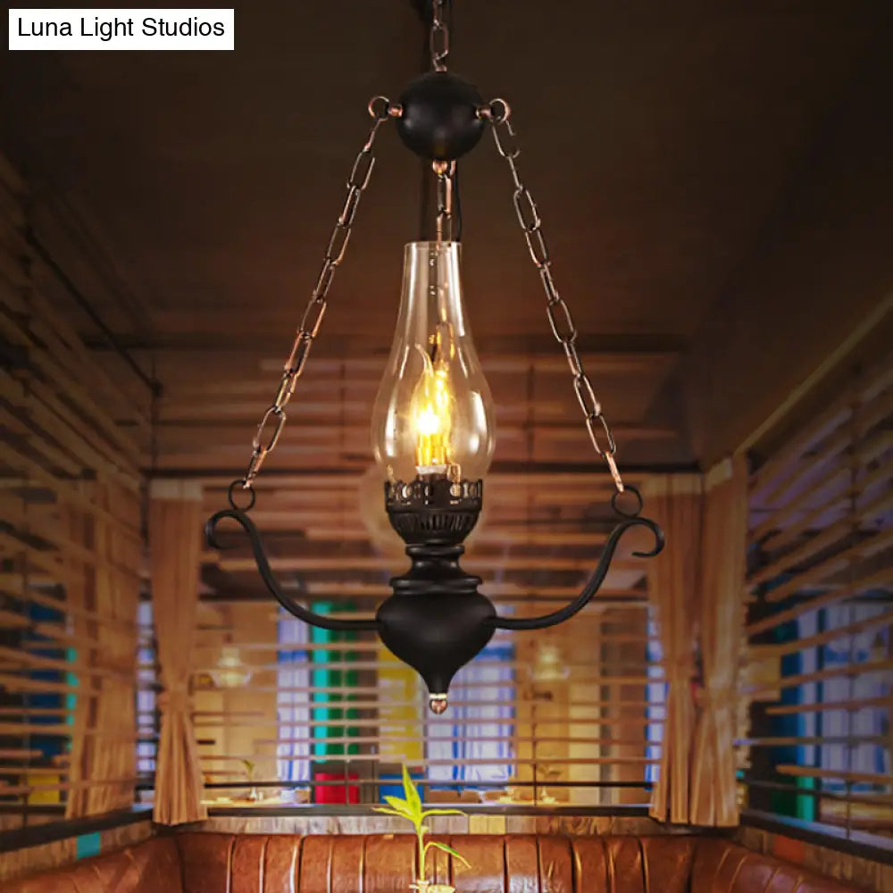 1-Head Farmhouse Pendant Lamp Kit With Chain Decor – Clear Glass Elongated Design Black Finish