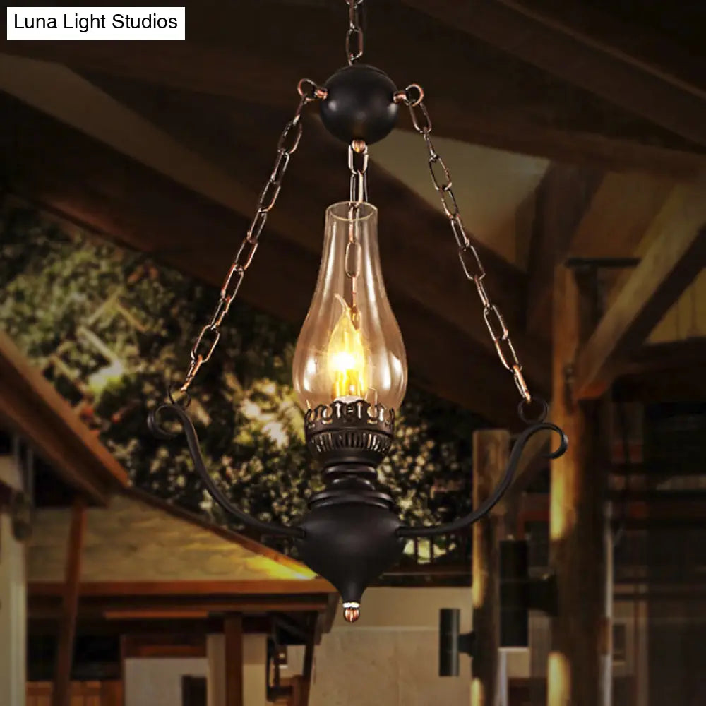 Modern Farmhouse Ceiling Light With Elongated Clear Glass Pendant And Black Chain Decor