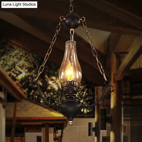 Modern Farmhouse Ceiling Light With Elongated Clear Glass Pendant And Black Chain Decor