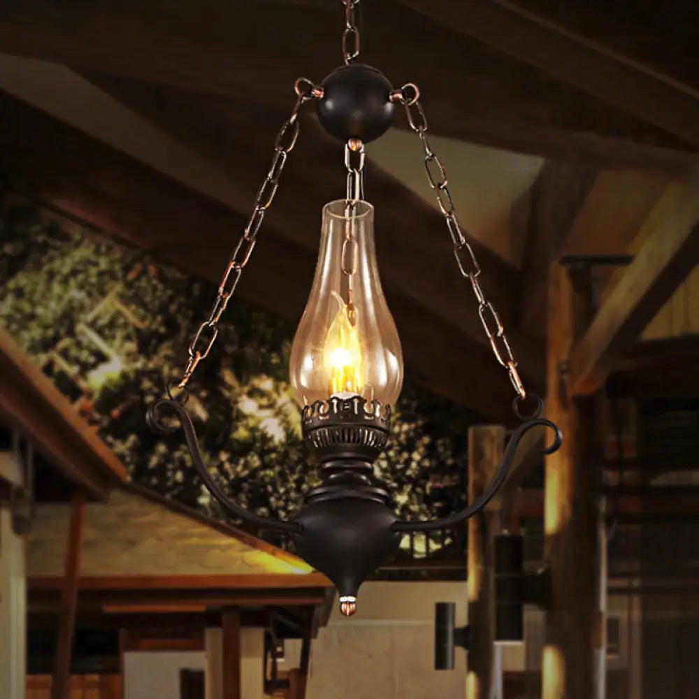 1-Head Farmhouse Pendant Lamp Kit With Chain Decor – Clear Glass Elongated Design Black Finish