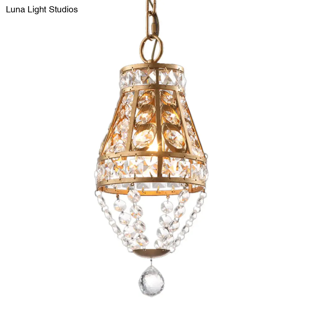 1-Head Gold Finish Pendant Light With Faceted Crystal Design - Ideal For Restaurant Lighting