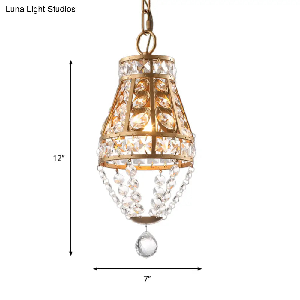 1-Head Gold Finish Pendant Light With Faceted Crystal Design - Ideal For Restaurant Lighting