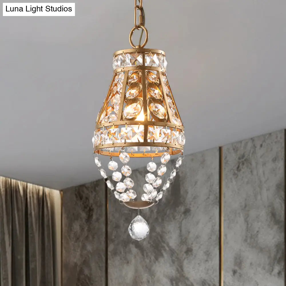 1-Head Gold Finish Pendant Light With Faceted Crystal Design - Ideal For Restaurant Lighting