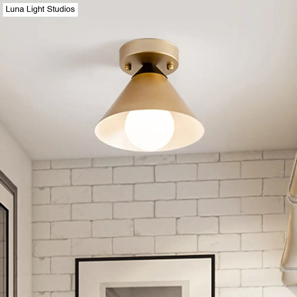 1 Head Golden Flush Mount Ceiling Light With Metal Cone Shade - Minimalist Kitchen Lamp