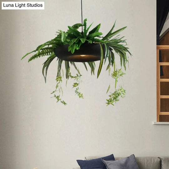 Fern Plant Pendant Light Kit - Green Metal Ceiling Fixture With Black Donut