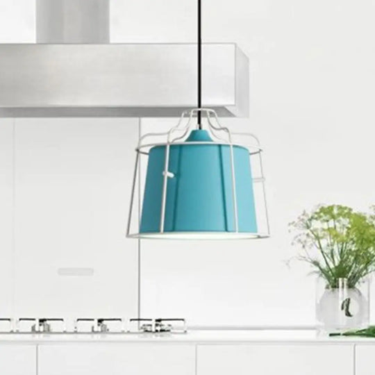 1 Head Macaron Ceiling Lamp In White/Yellow/Blue - Metal Bell Shade Hanging Light Fixture For