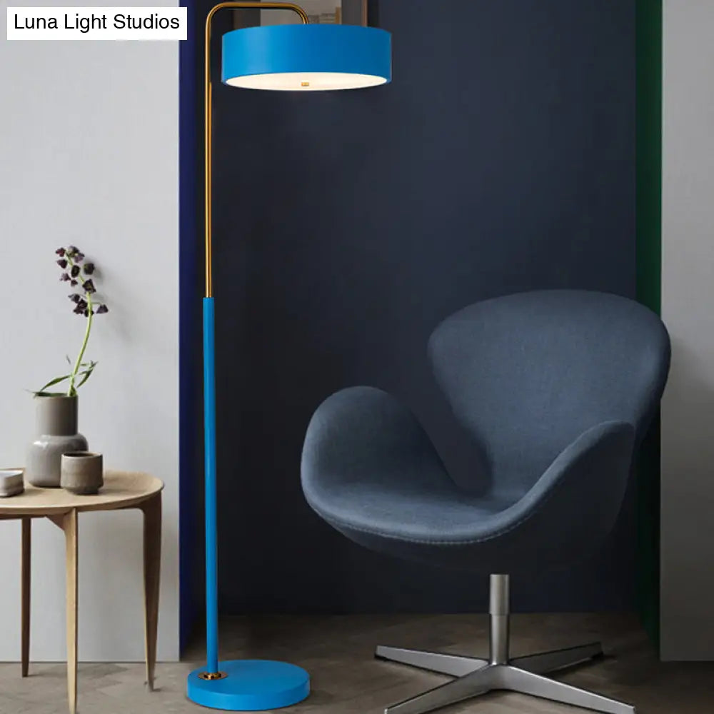 1-Head Macaron Floor Lamp - Black/Blue/Yellow Finish Drum Standing Light For Living Room