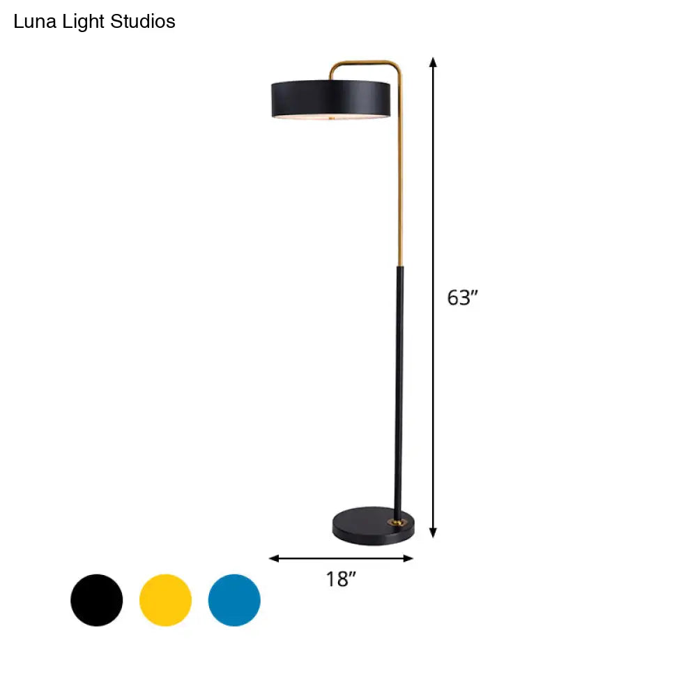 1-Head Macaron Floor Lamp - Black/Blue/Yellow Finish Drum Standing Light For Living Room