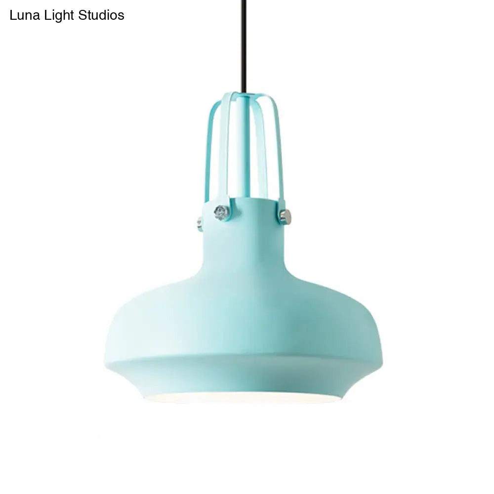 1 Head Macaron Pot Pendant Ceiling Lamp With Gripper In Pink/Blue/Grey - Aluminum Restaurant Down