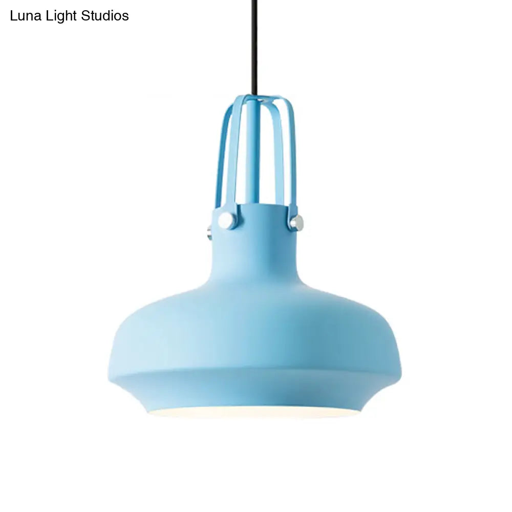 1 Head Macaron Pot Pendant Ceiling Lamp With Gripper In Pink/Blue/Grey - Aluminum Restaurant Down