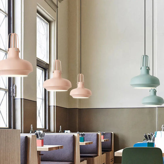 1 Head Macaron Pot Pendant Ceiling Lamp With Gripper In Pink/Blue/Grey - Aluminum Restaurant Down