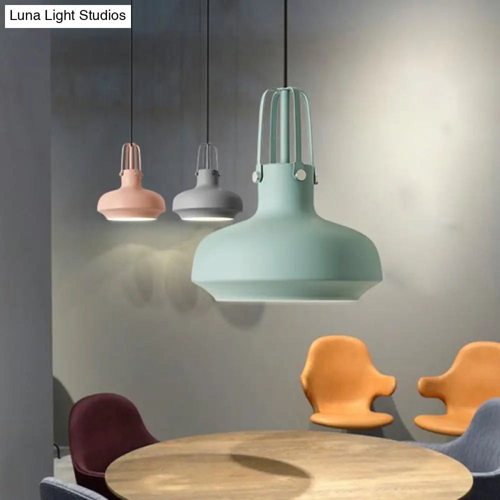 1 Head Macaron Pot Pendant Ceiling Lamp With Gripper In Pink/Blue/Grey - Aluminum Restaurant Down