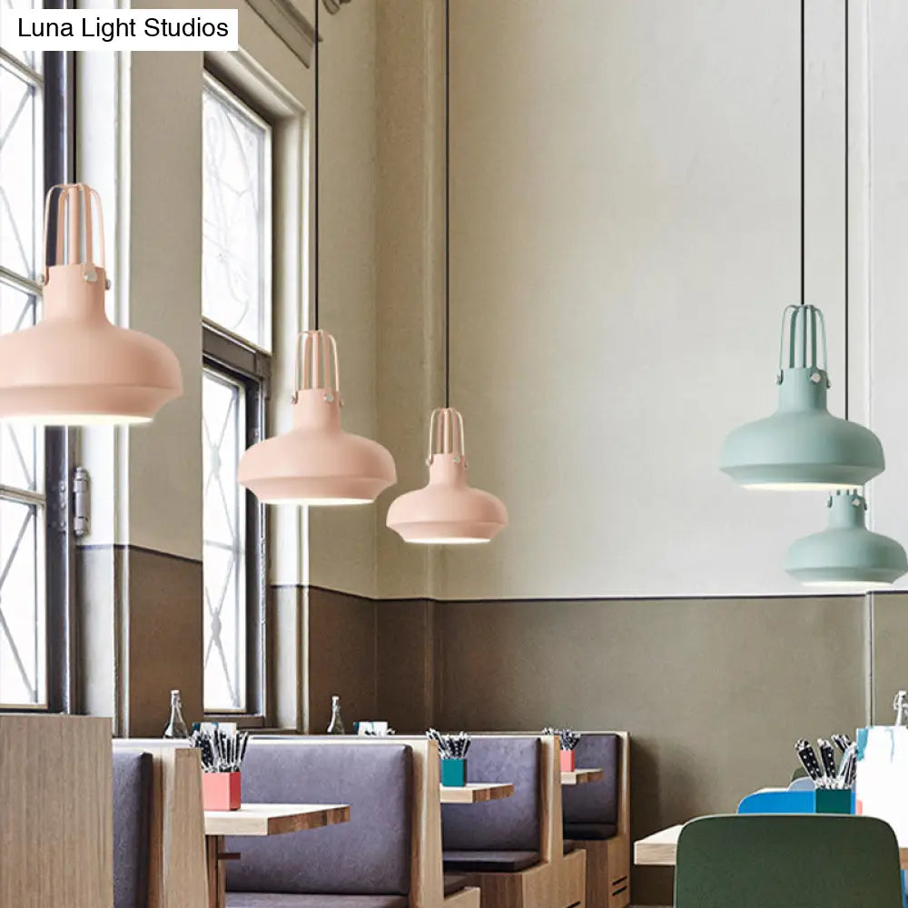 1 Head Macaron Pot Pendant Ceiling Lamp With Gripper In Pink/Blue/Grey - Aluminum Restaurant Down