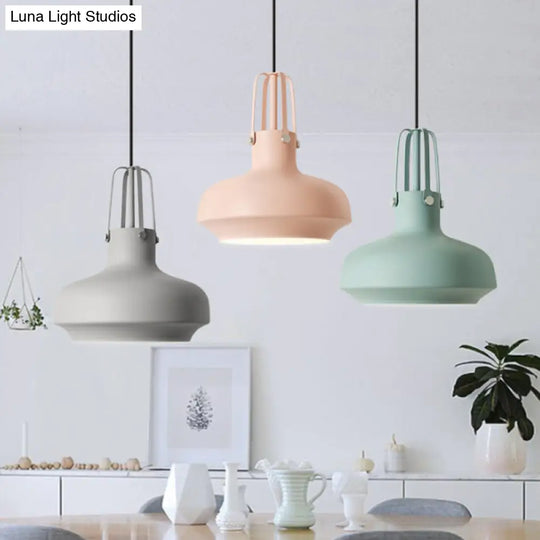 1 Head Macaron Pot Pendant Ceiling Lamp With Gripper In Pink/Blue/Grey - Aluminum Restaurant Down