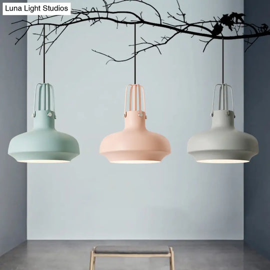 1 Head Macaron Pot Pendant Ceiling Lamp With Gripper In Pink/Blue/Grey - Aluminum Restaurant Down