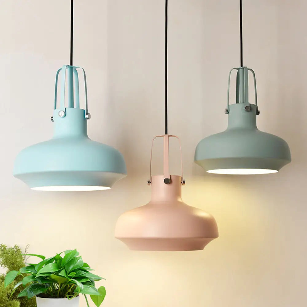 1 Head Macaron Pot Pendant Ceiling Lamp With Gripper In Pink/Blue/Grey - Aluminum Restaurant Down