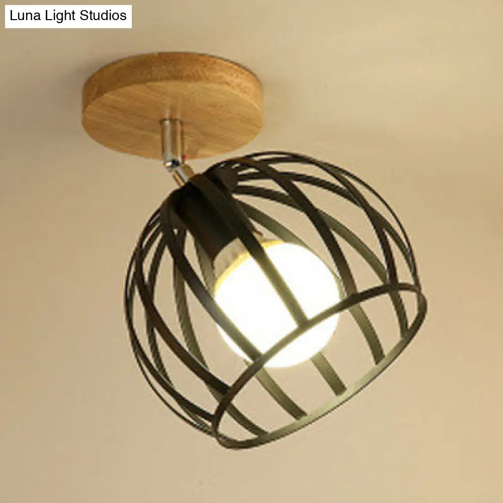 1 Head Semi Flush Mount Industrial Ceiling Light With Rotatable Globe/Barn Shade And Wooden Canopy -