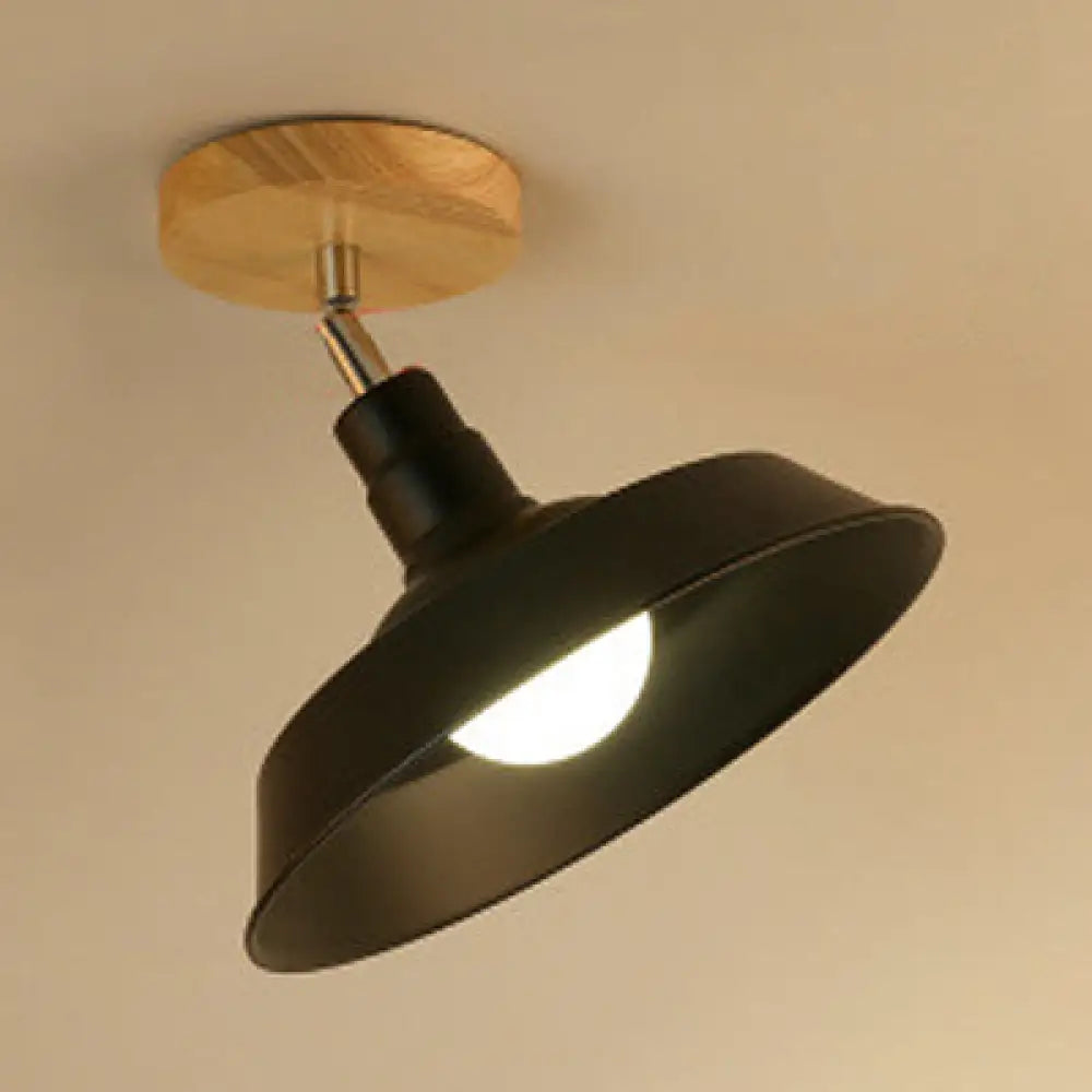 1 Head Semi Flush Mount Industrial Ceiling Light With Rotatable Globe/Barn Shade And Wooden Canopy