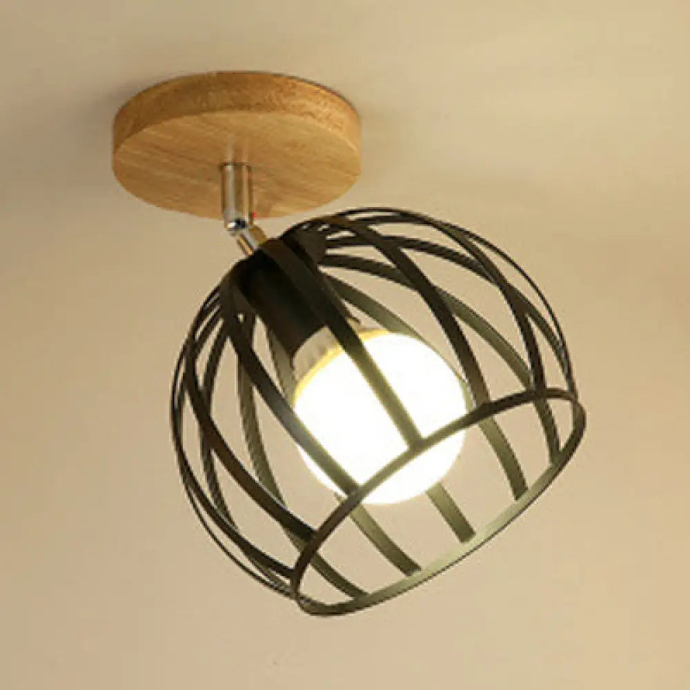 1 Head Semi Flush Mount Industrial Ceiling Light With Rotatable Globe/Barn Shade And Wooden Canopy