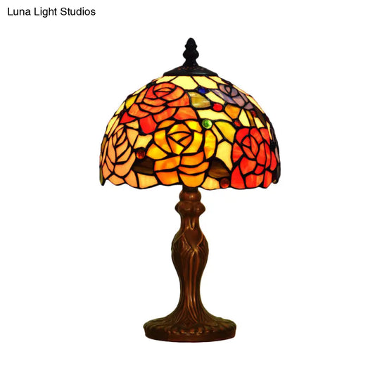 1-Head Stained Glass Tiffany Table Lamp With Bowl Shade - Rosebush Nightstand Light In Bronze