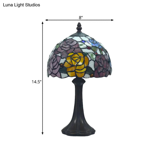 1-Head Stained Glass Tiffany Table Lamp With Bowl Shade - Rosebush Nightstand Light In Bronze