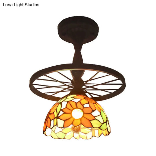 1 Head Tiffany Antique Glass Semi Flush Mount Ceiling Light In Orange For Hallway With Grid Dome