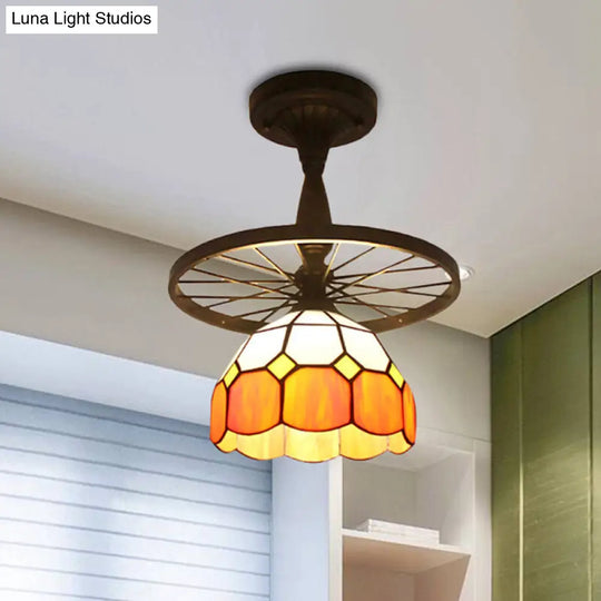 1 Head Tiffany Antique Glass Semi Flush Mount Ceiling Light In Orange For Hallway With Grid Dome