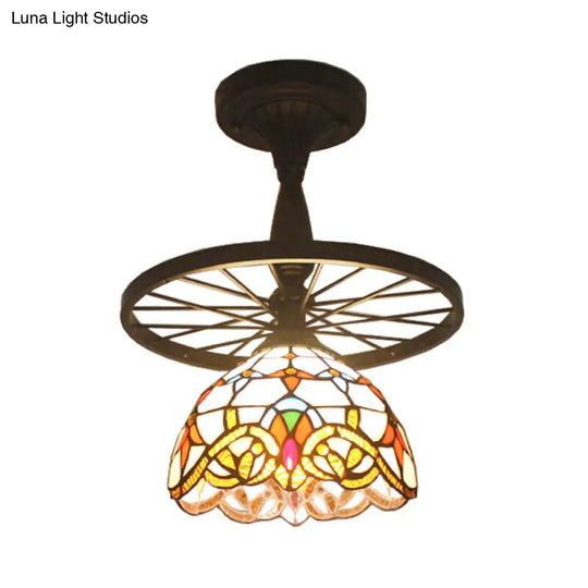 1 Head Tiffany Antique Glass Semi Flush Mount Ceiling Light In Orange For Hallway With Grid Dome