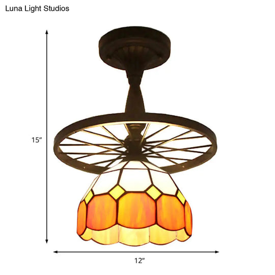 1 Head Tiffany Antique Glass Semi Flush Mount Ceiling Light In Orange For Hallway With Grid Dome