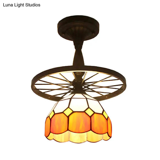 1 Head Tiffany Antique Glass Semi Flush Mount Ceiling Light In Orange For Hallway With Grid Dome