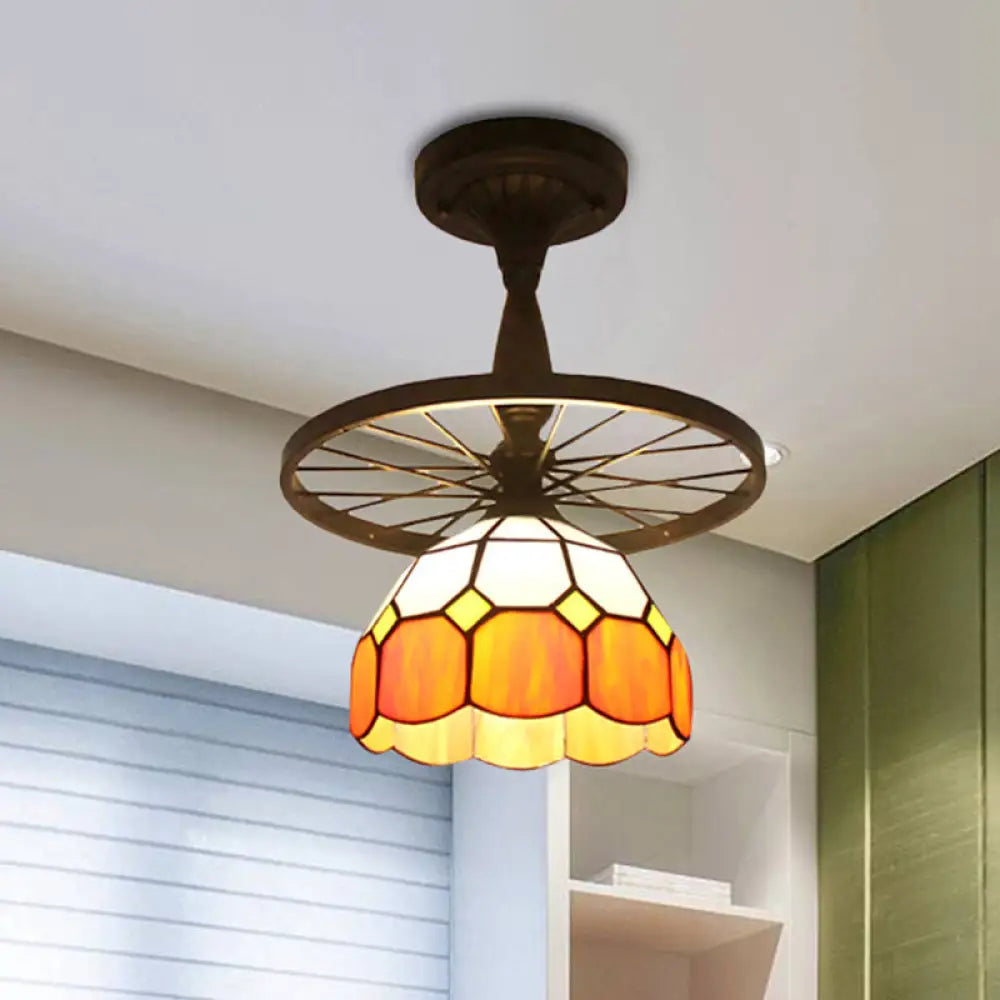 1 Head Tiffany Antique Glass Semi Flush Mount Ceiling Light In Orange For Hallway With Grid Dome