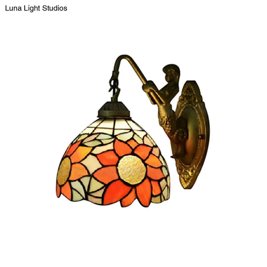 1-Head Tiffany Orange Hallway Wall Sconce Light With Sunflower Stained Glass Shade - Mounted