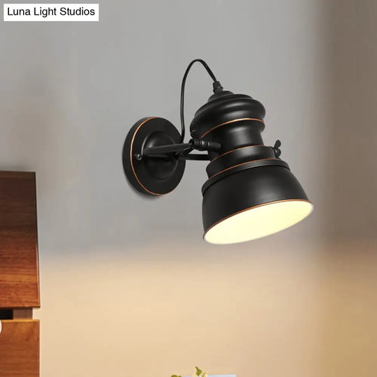 1-Head Wall Mounted Bedroom Sconce With Swivel Joint - Black Round Iron Lighting For Warehouse