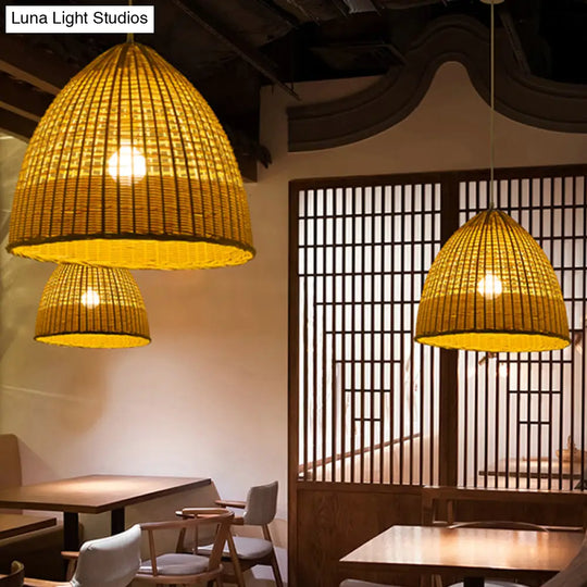 1-Light Asian Bamboo Pendant Ceiling Light: Beige Dining Room Hanging Lamp