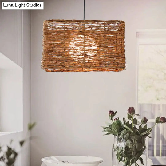 Brown Rattan Pendant Light For Dining Room - Asia Rectangle Design With 1 Hanging Kit