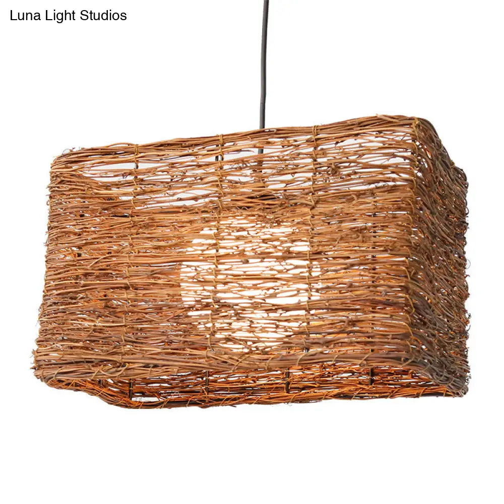 Brown Rattan Pendant Light For Dining Room - Asia Rectangle Design With 1 Hanging Kit