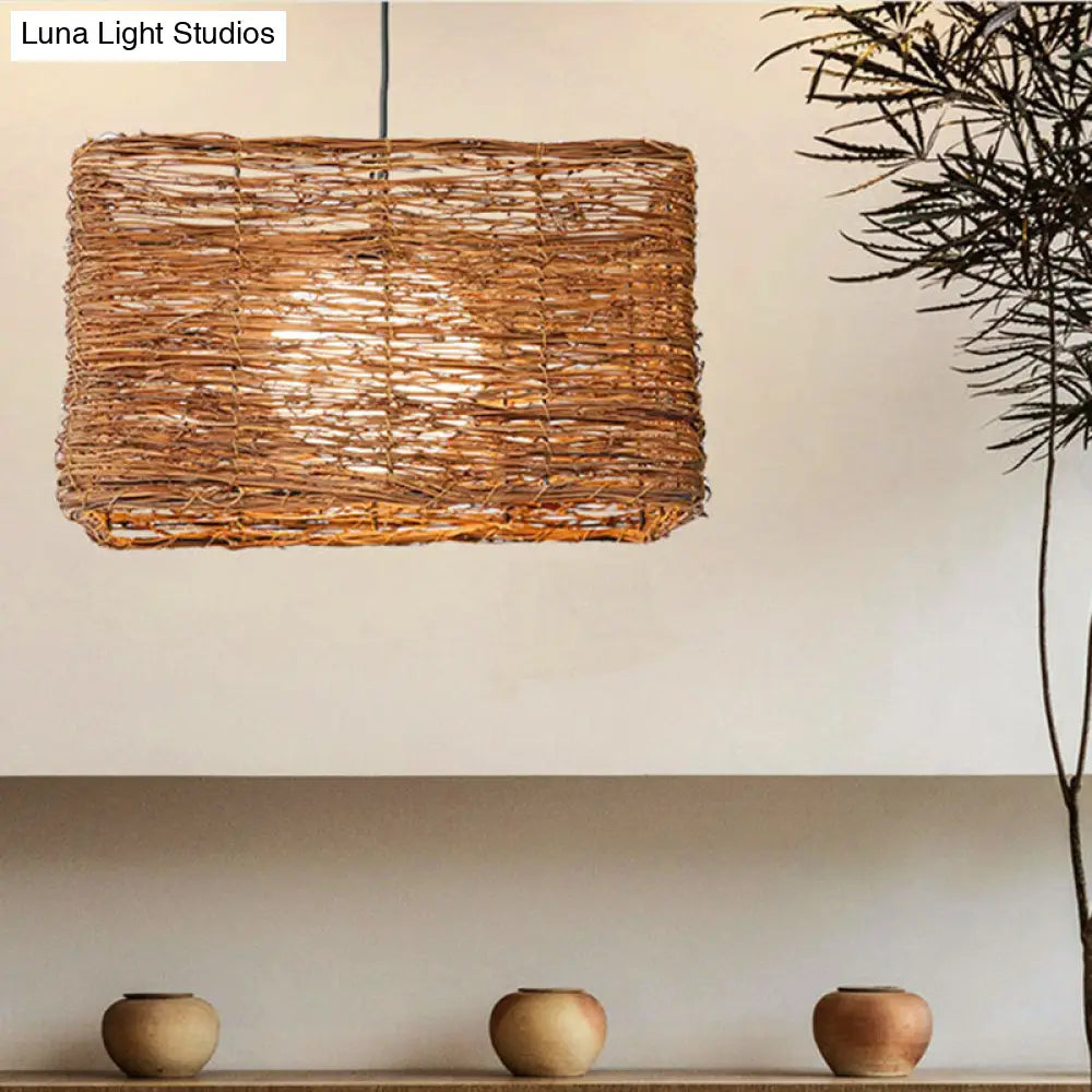 Brown Rattan Pendant Light For Dining Room - Asia Rectangle Design With 1 Hanging Kit