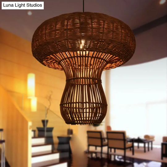 1-Light Asian Style Hallway Hanging Pendant Light With Rattan Mushroom Shade - Brown/Beige