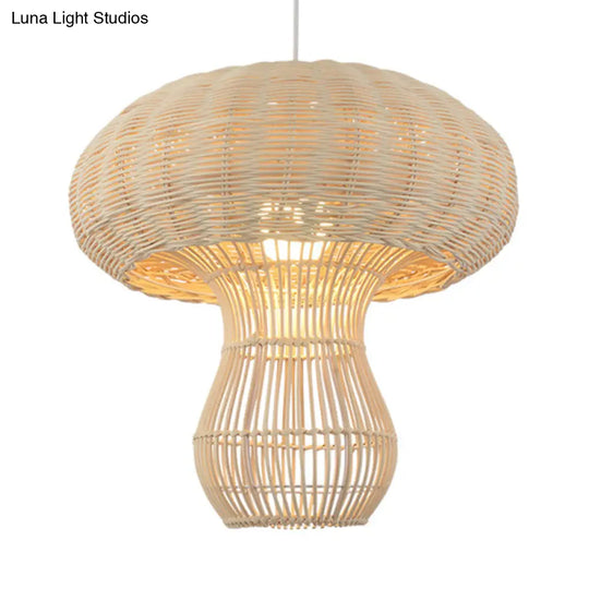 1-Light Asian Style Hallway Hanging Pendant Light With Rattan Mushroom Shade - Brown/Beige