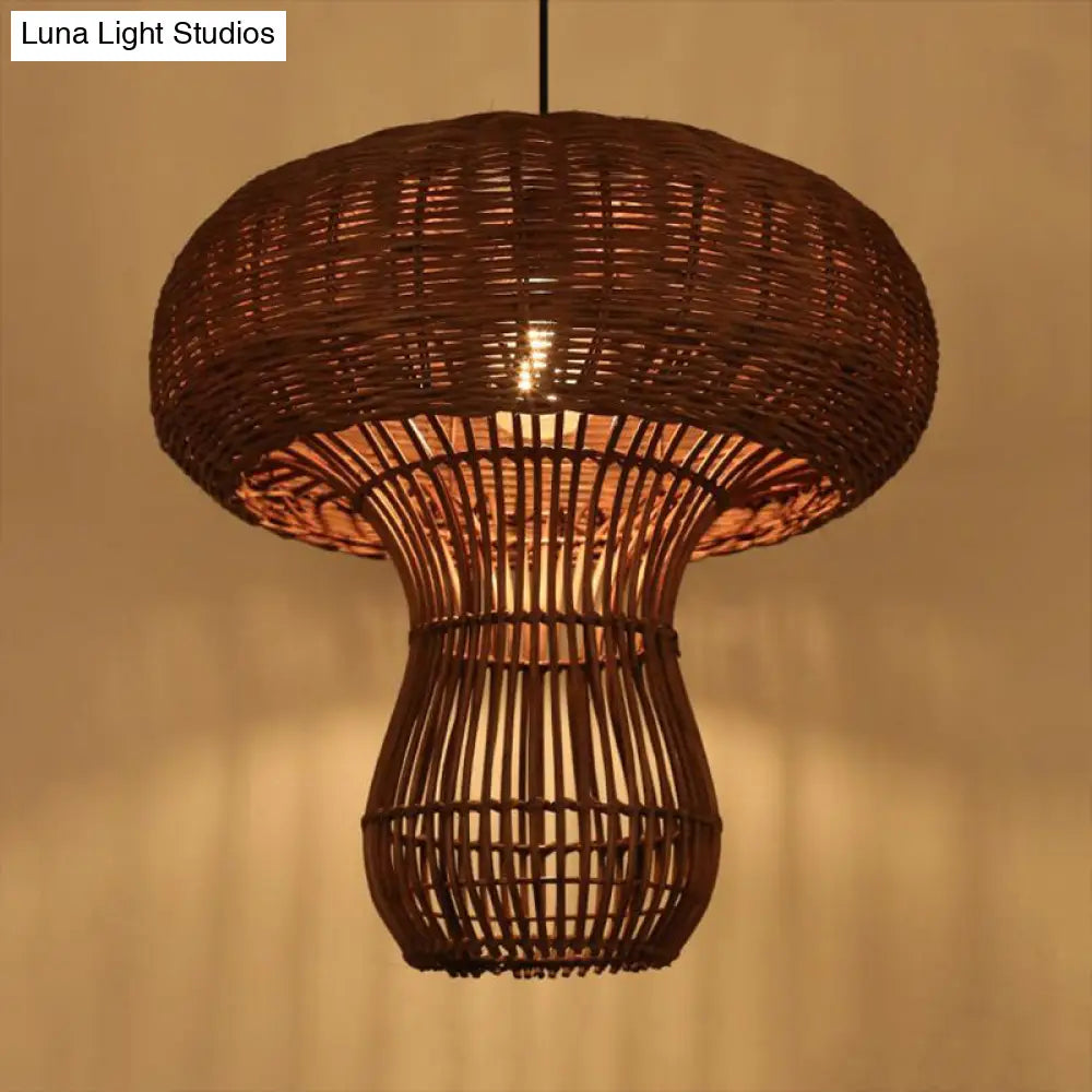 1-Light Asian Style Hallway Hanging Pendant Light With Rattan Mushroom Shade - Brown/Beige