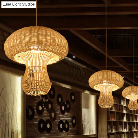 1-Light Asian Style Hallway Hanging Pendant Light With Rattan Mushroom Shade - Brown/Beige