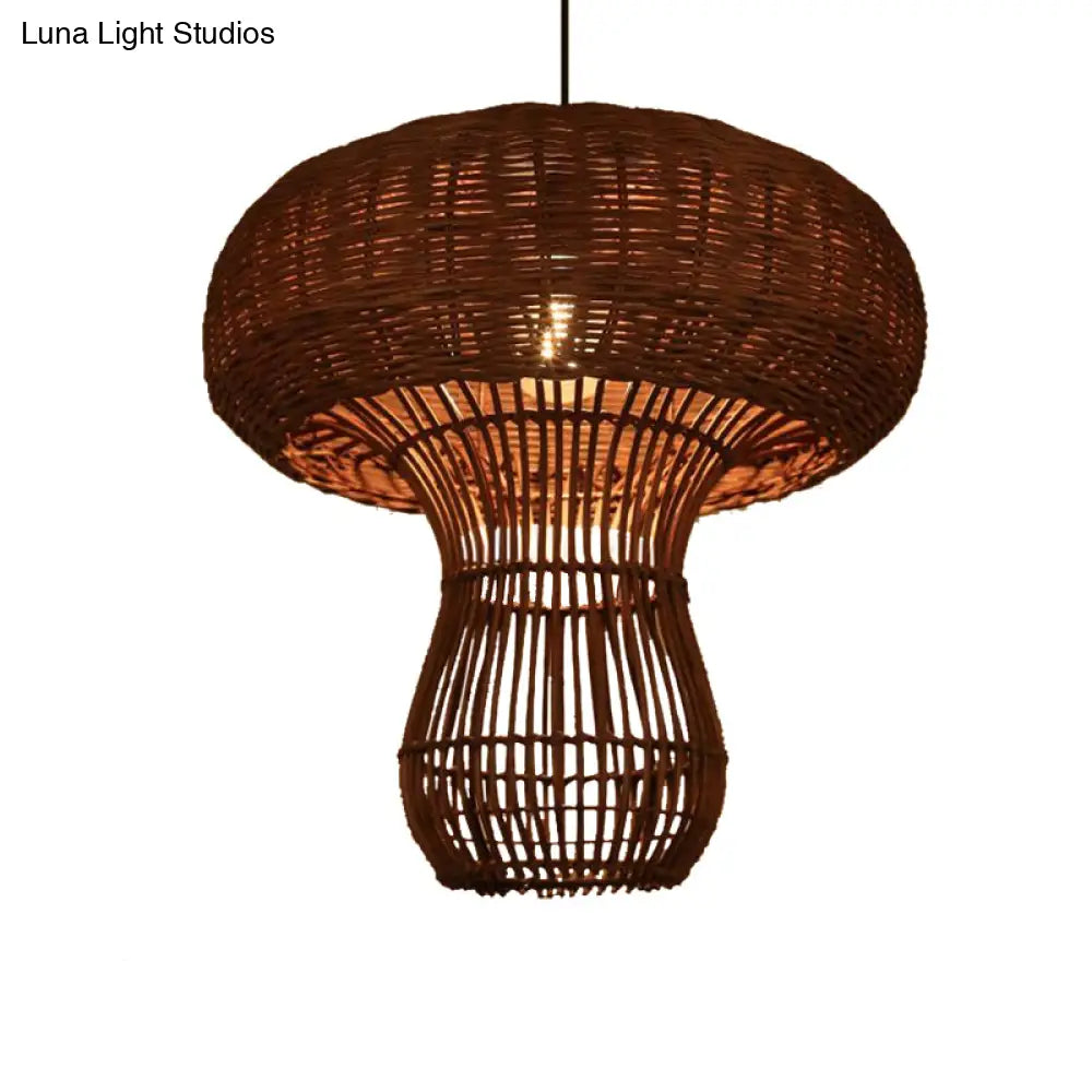 1-Light Asian Style Hallway Hanging Pendant Light With Rattan Mushroom Shade - Brown/Beige