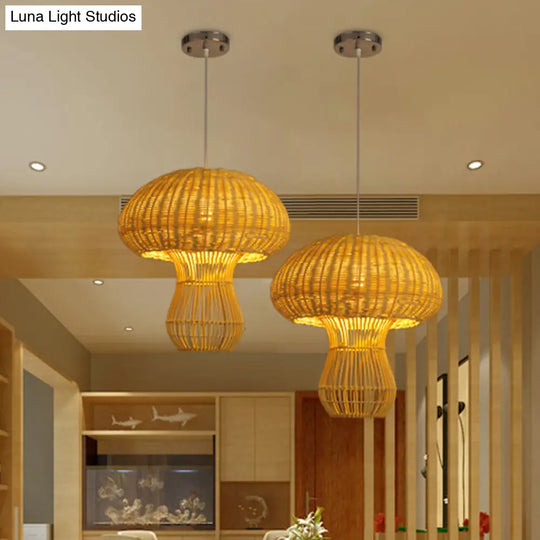 1-Light Asian Style Hallway Hanging Pendant Light With Rattan Mushroom Shade - Brown/Beige