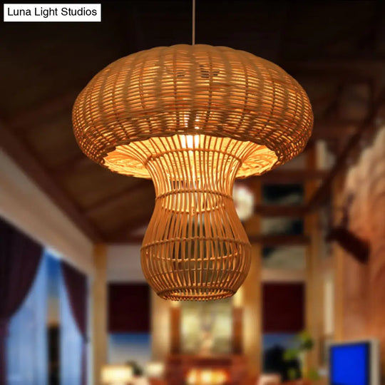 1-Light Asian Style Hallway Hanging Pendant Light With Rattan Mushroom Shade - Brown/Beige