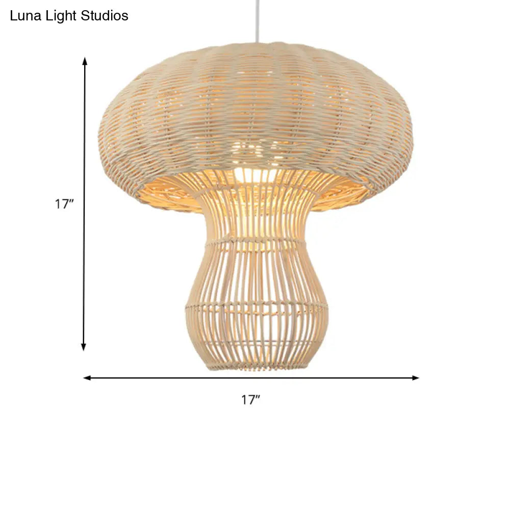 1-Light Asian Style Hallway Hanging Pendant Light With Rattan Mushroom Shade - Brown/Beige